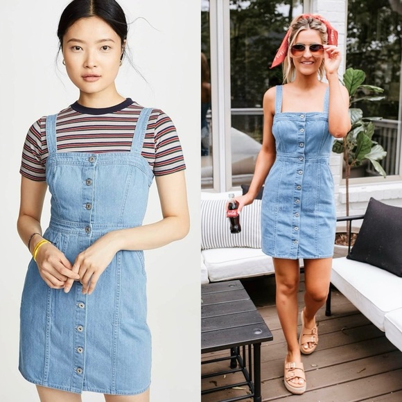 JILL STUART Denim Embroidered Logo Square Neck Sleeveless Button Front Dress M - Picture 1 of 5